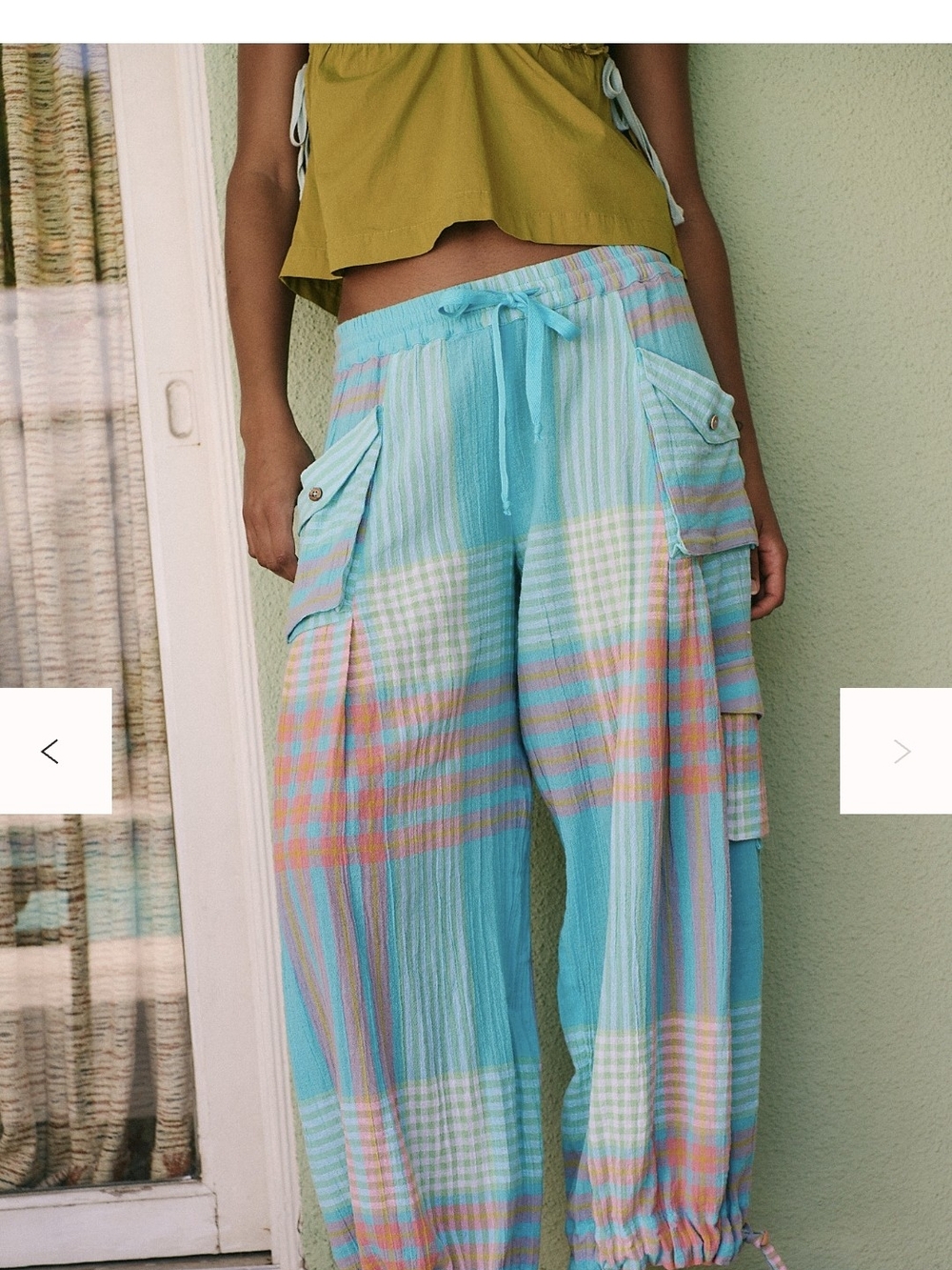 NWT Free People Aqua Multi Plaid Wide-Leg Cargo Pants Size SMALL Sold Out Online